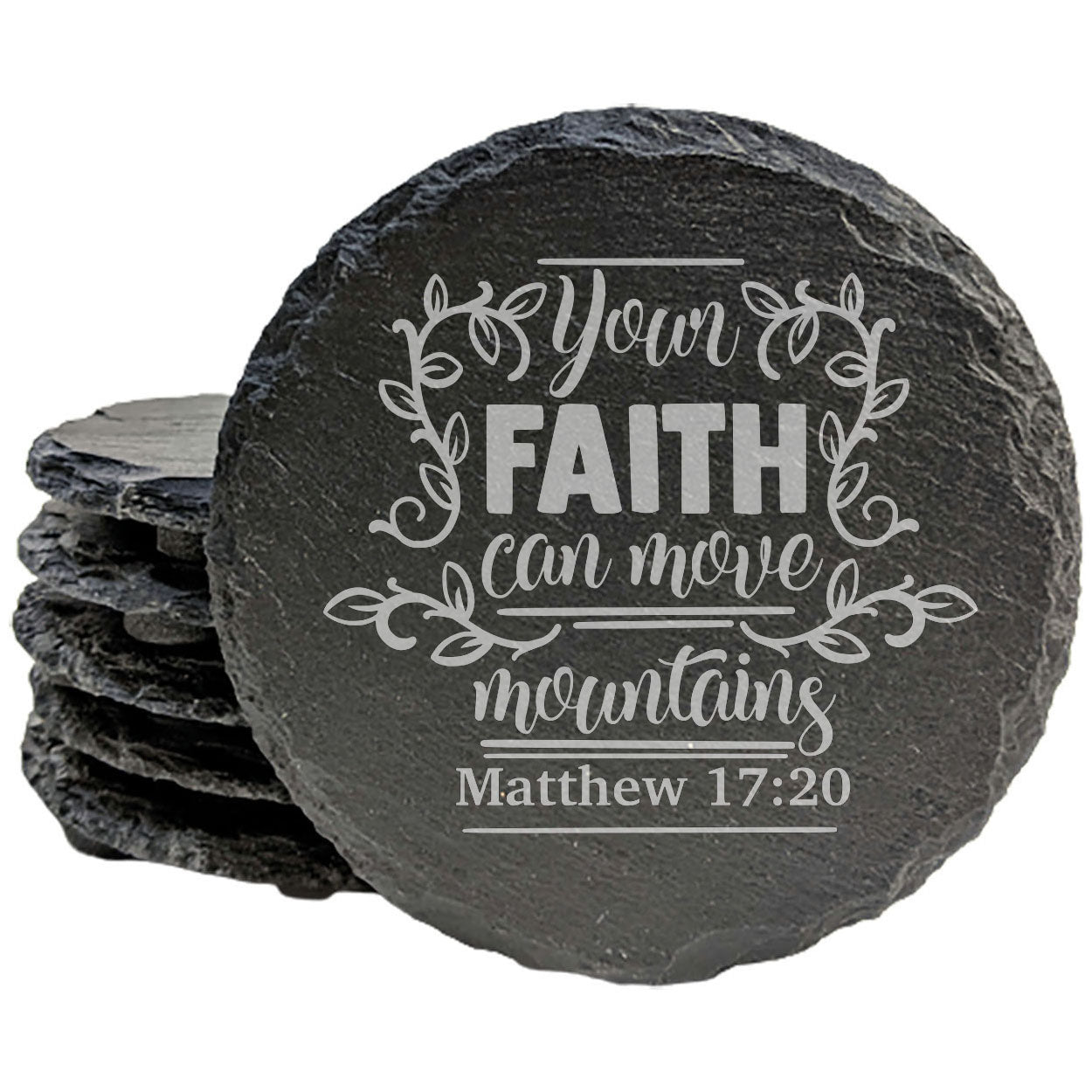 Faith and Hope: Laser Etched Faith Can Move Mountains: Inspirational Coasters with Bible Verse - Matthew 17:20 Coasters