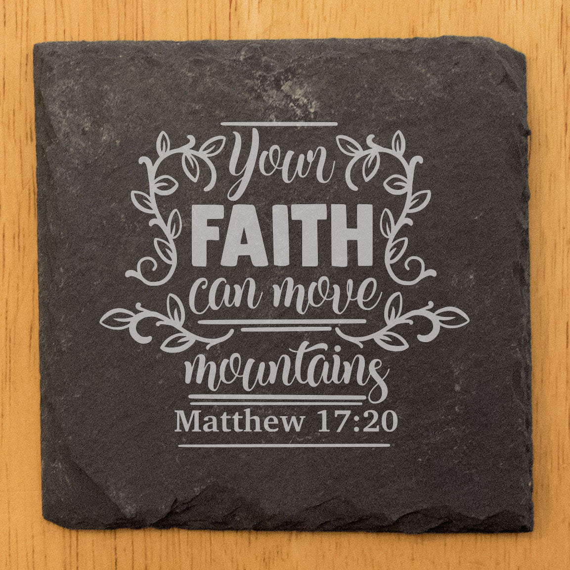 Faith and Hope: Laser Etched Faith Can Move Mountains: Inspirational Coasters with Bible Verse - Matthew 17:20 Coasters