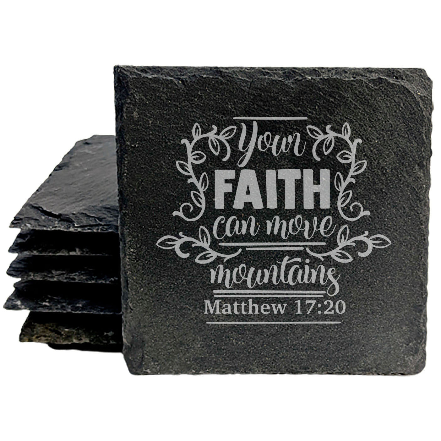 Faith and Hope: Laser Etched Faith Can Move Mountains: Inspirational Coasters with Bible Verse - Matthew 17:20 Coasters