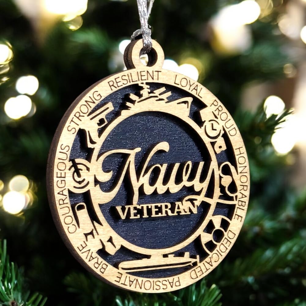 3" Navy Veteran Script Ornament, Icons, Solid Blue