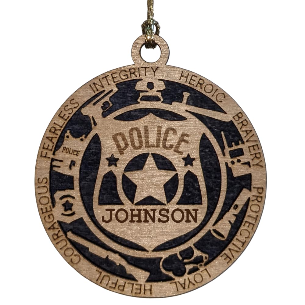 Personalized 3" Police Wood Christmas Ornament - Solid Backing, USA