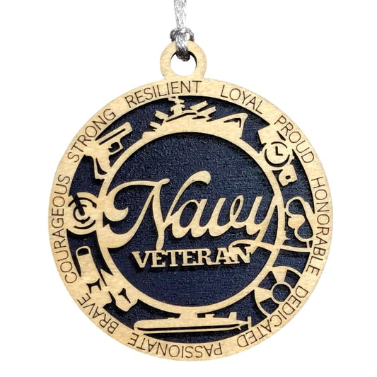 3" Navy Veteran Script Ornament, Icons, Solid Blue