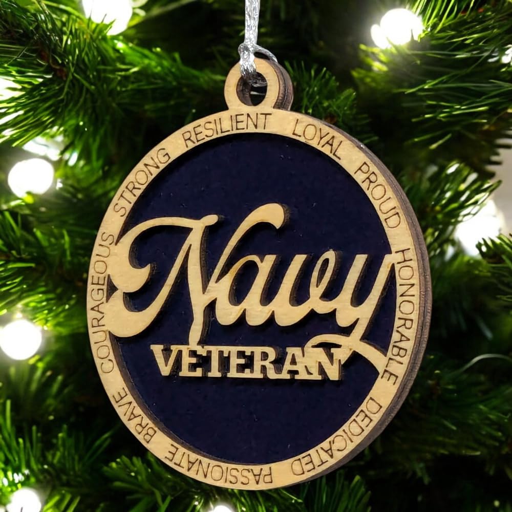 3" Navy Veteran Script Ornament, Solid Blue