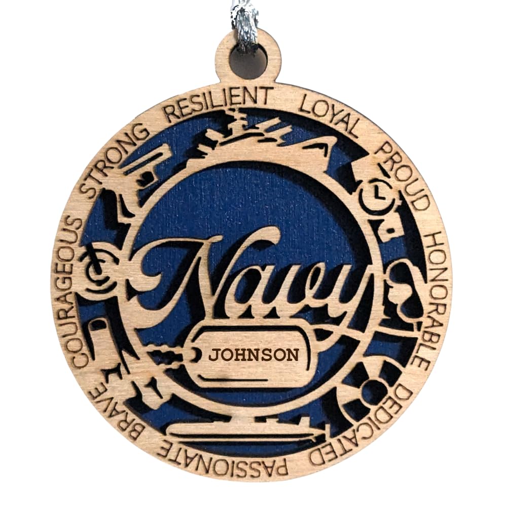3" Navy Script Ornament, Icons, Dog Tag, Custom Border