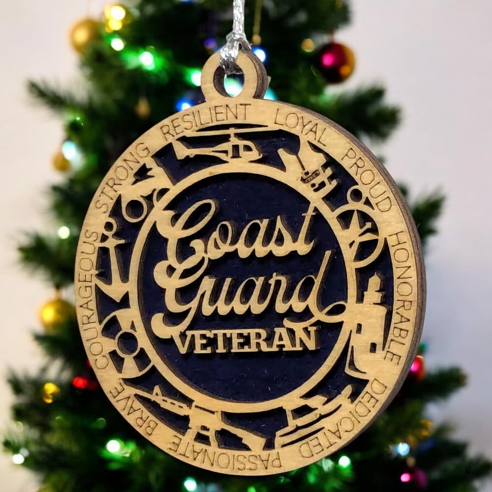 3" Coast Guard Veteran Script Ornament, Icons, Solid Blue