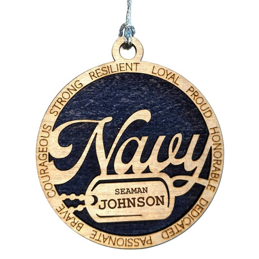 3" Navy Script Ornament, Dog Tag, Custom Border