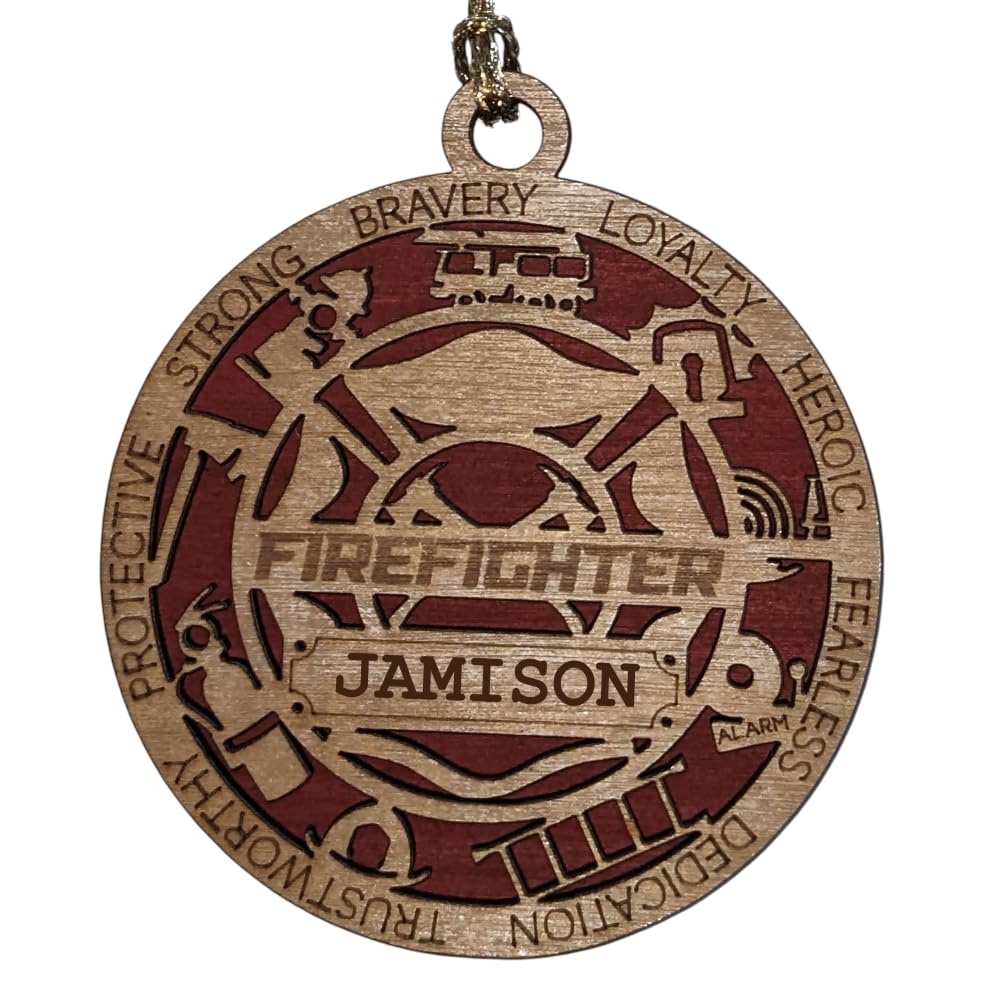 Personalized 3" Firefighter Wood Christmas Ornament - Solid Backing, USA