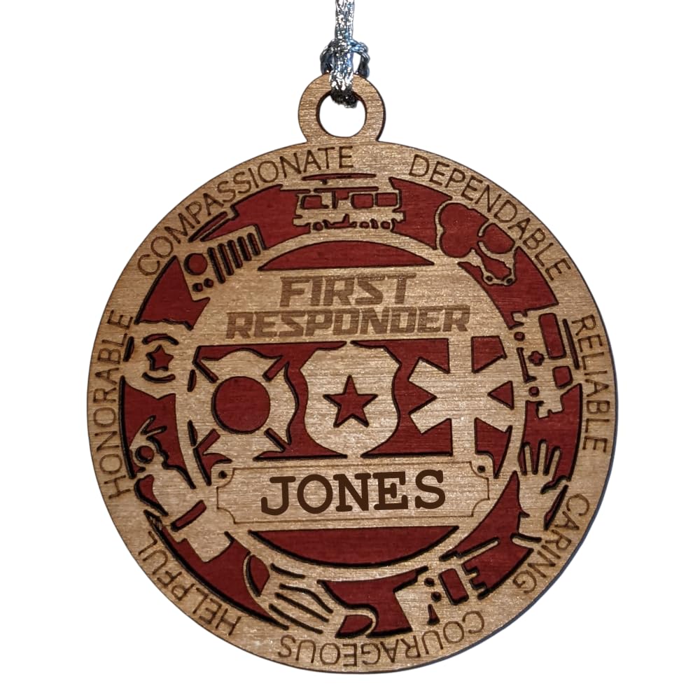 Personalized 3" First Responder Wood Ornament - Solid Backing, USA