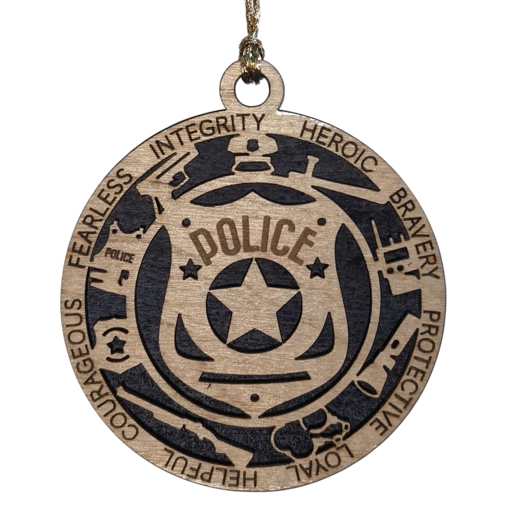 3" Police Wood Christmas Ornament - Solid Backing, USA