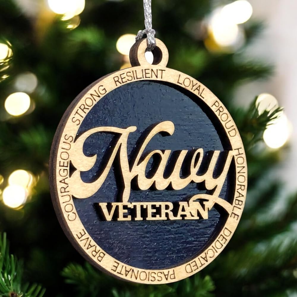 3" Navy Veteran Script Ornament, Solid Blue