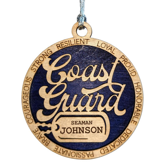 3" Coast Guard Script Ornament, Dog Tag, Custom Border