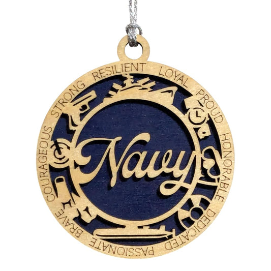 3" Navy Script Ornament, Icons, Solid Blue