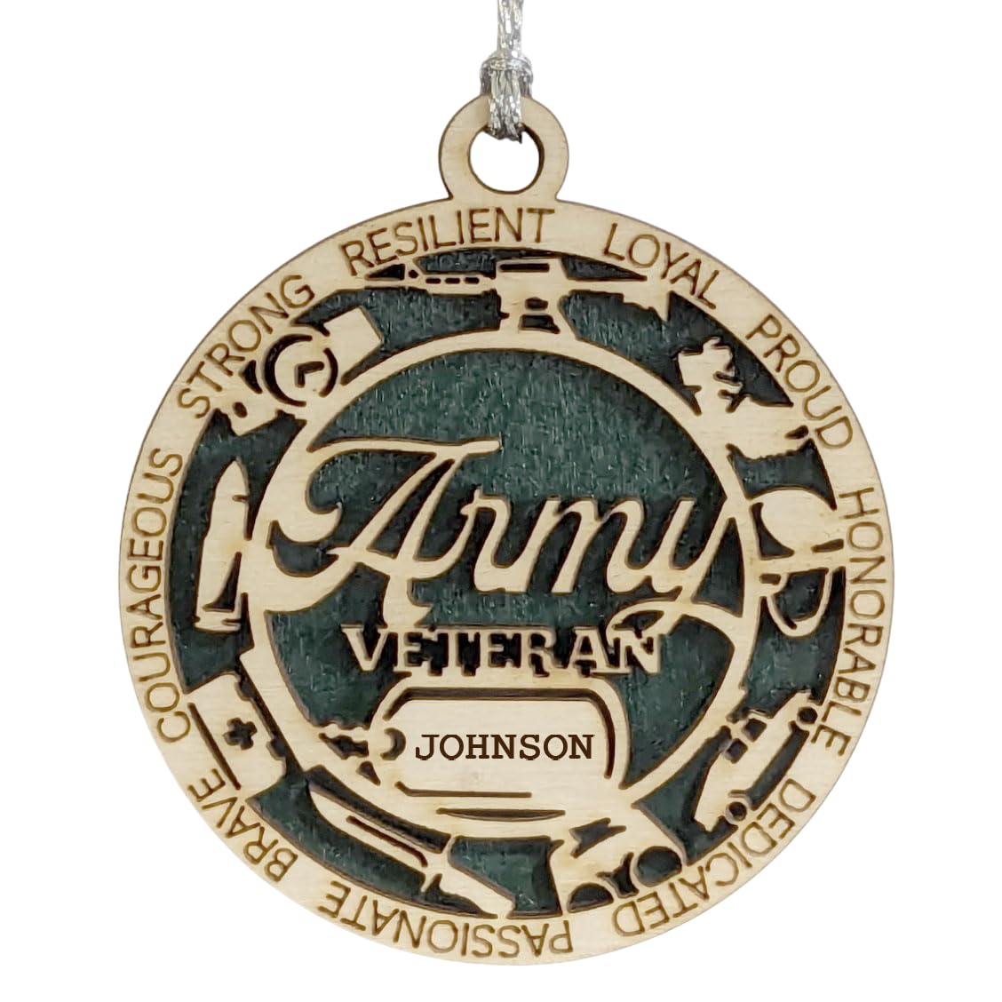 3" Army Veteran Script Ornament, Icons, Dog Tag, Custom Border