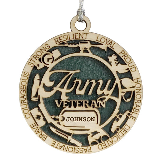 3" Army Veteran Script Ornament, Icons, Dog Tag, Custom Border