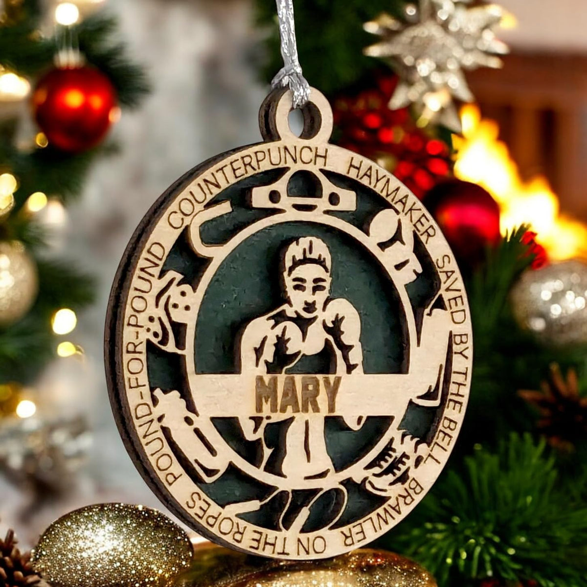 3" Custom Female Boxer Icons Wood Ornament