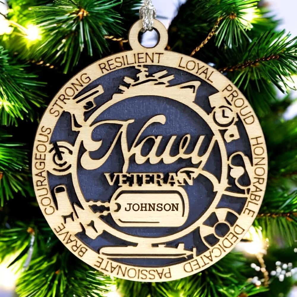 3" Navy Veteran Ornament, Icons, Dog Tag, Custom Border