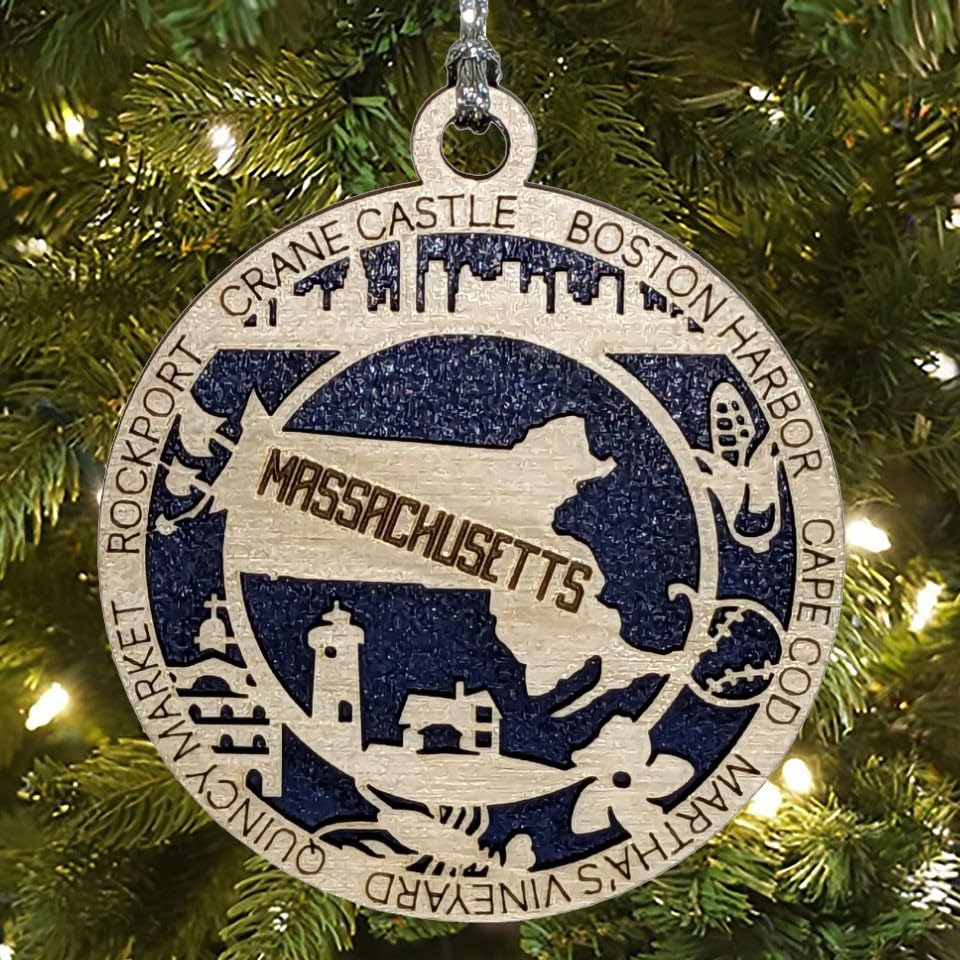 3" Massachusetts Pride Christmas Ornament, Wood