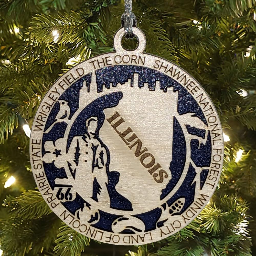 3" Illinois State Pride Christmas Ornament, Wood