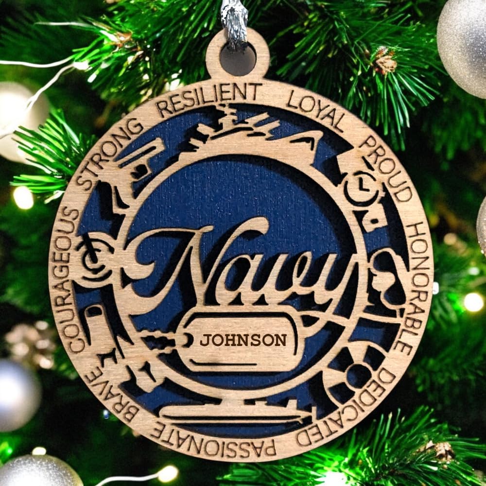 3" Navy Script Ornament, Icons, Dog Tag, Custom Border