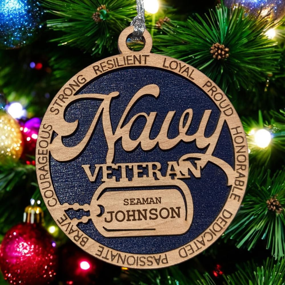 3" Navy Veteran Script Ornament, Dog Tag, Custom Border