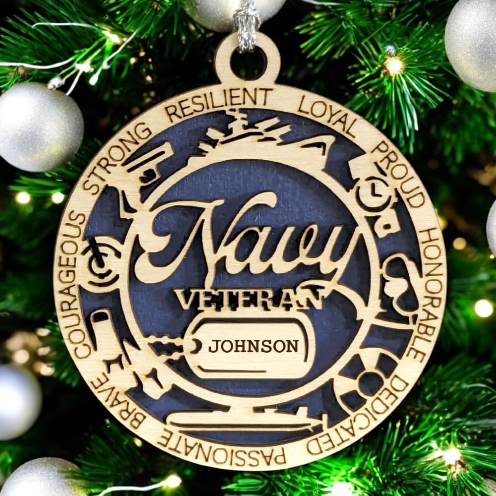 3" Navy Veteran Ornament, Icons, Dog Tag, Custom Border