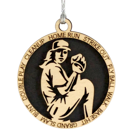 3" Female Lefty Baseball Pitcher Wood Ornament