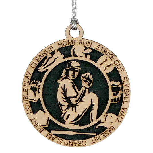 3" Female Baseball Pitcher Icons Wood Ornament