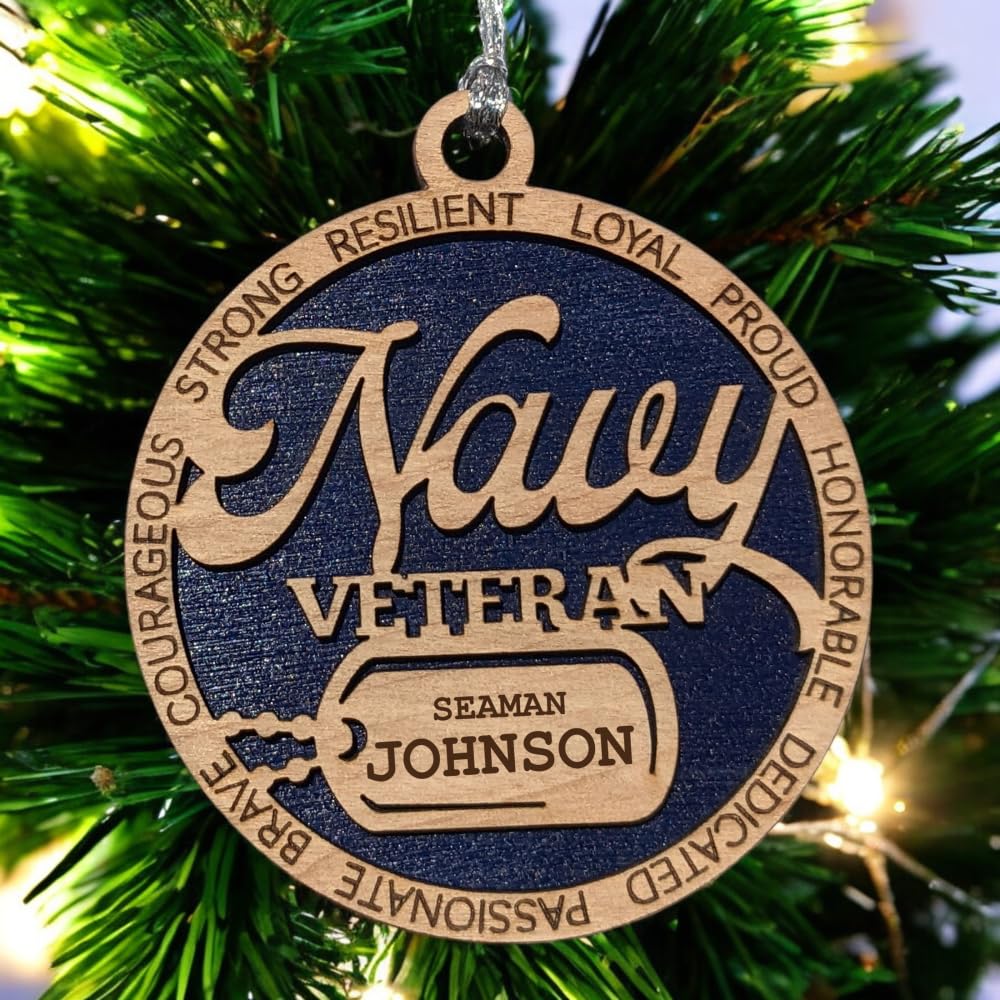 3" Navy Veteran Script Ornament, Dog Tag, Custom Border