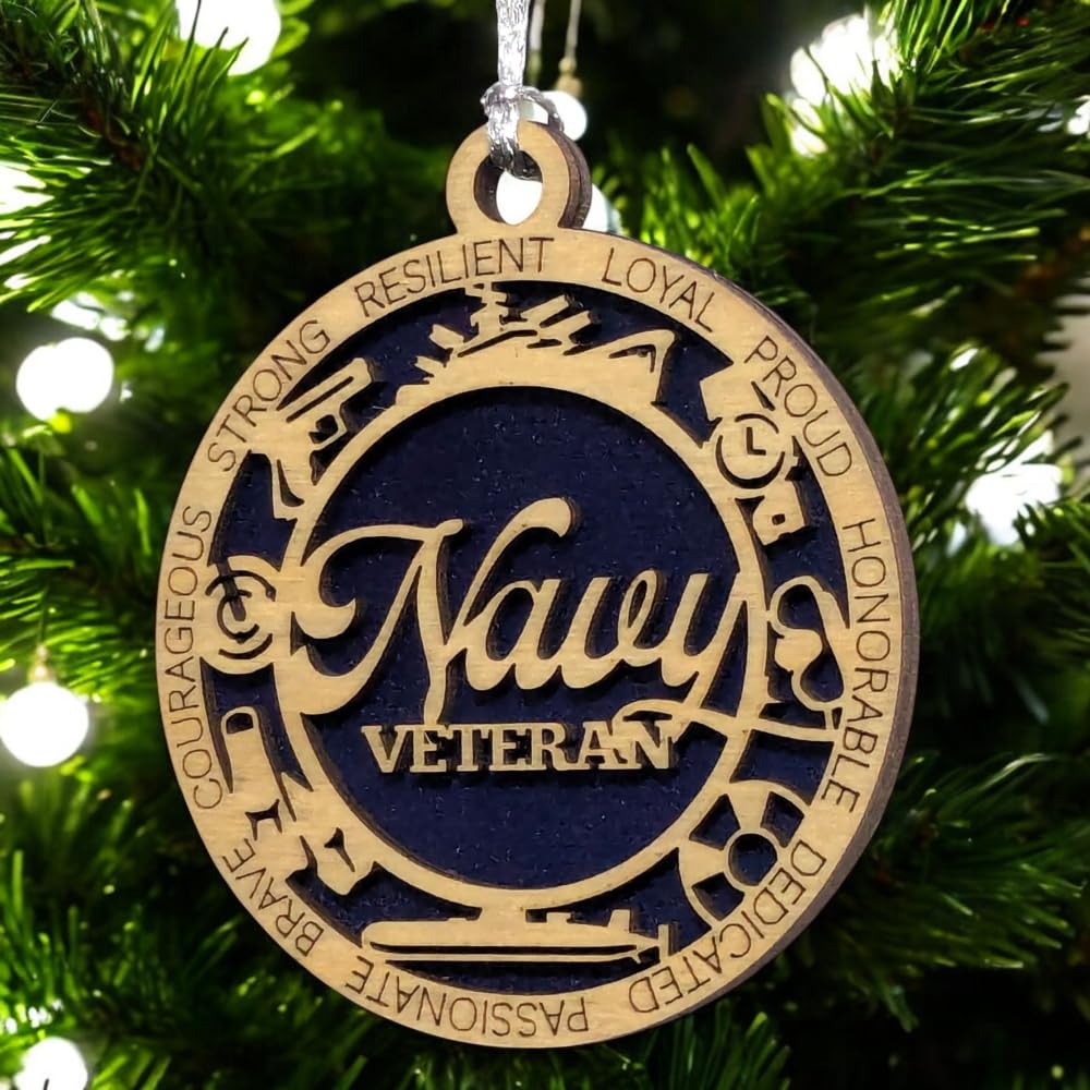 3" Navy Veteran Script Ornament, Icons, Solid Blue