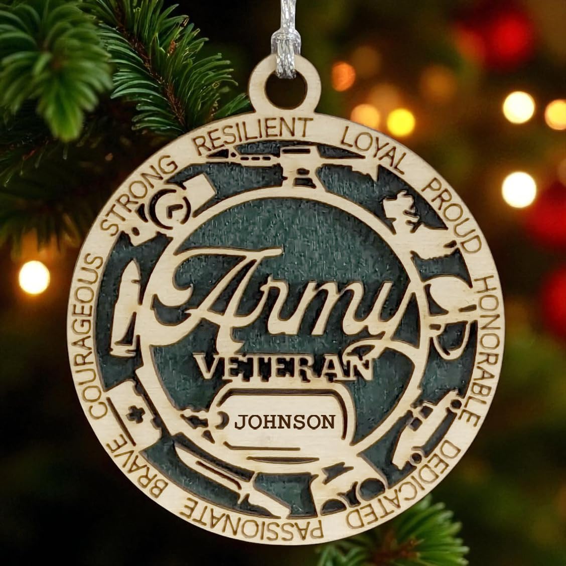 3" Army Veteran Script Ornament, Icons, Dog Tag, Custom Border