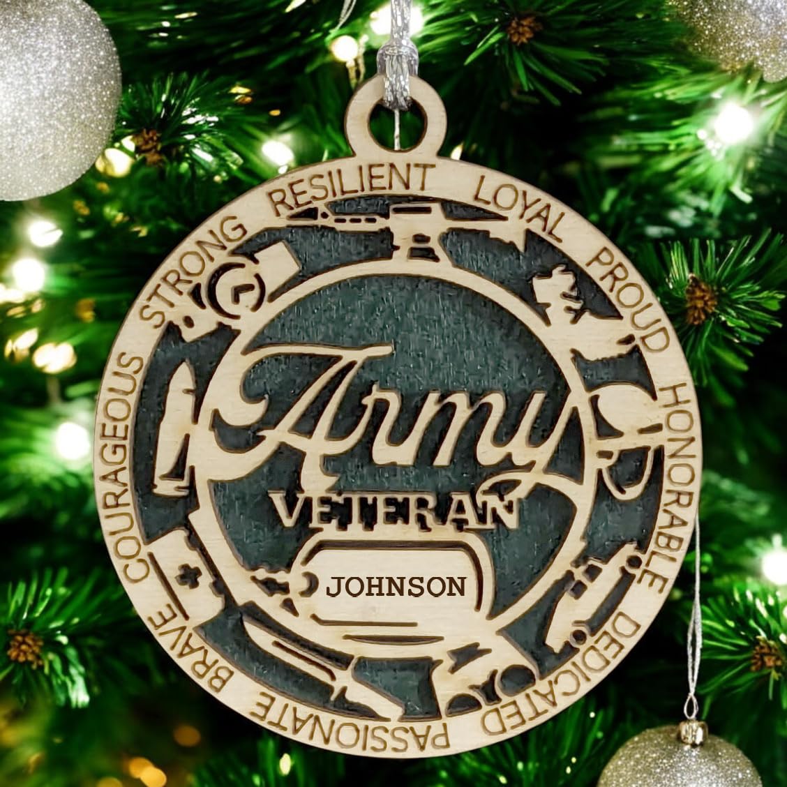 3" Army Veteran Script Ornament, Icons, Dog Tag, Custom Border