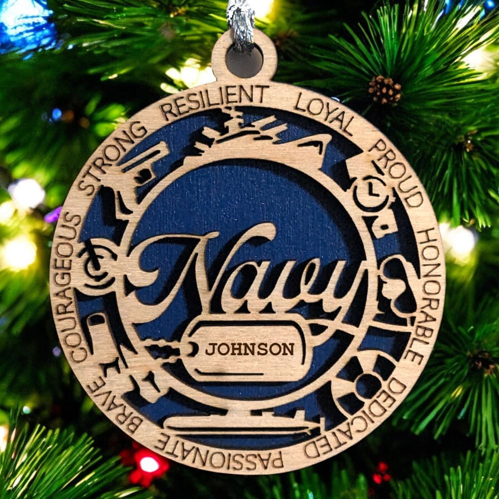 3" Navy Script Ornament, Icons, Dog Tag, Custom Border