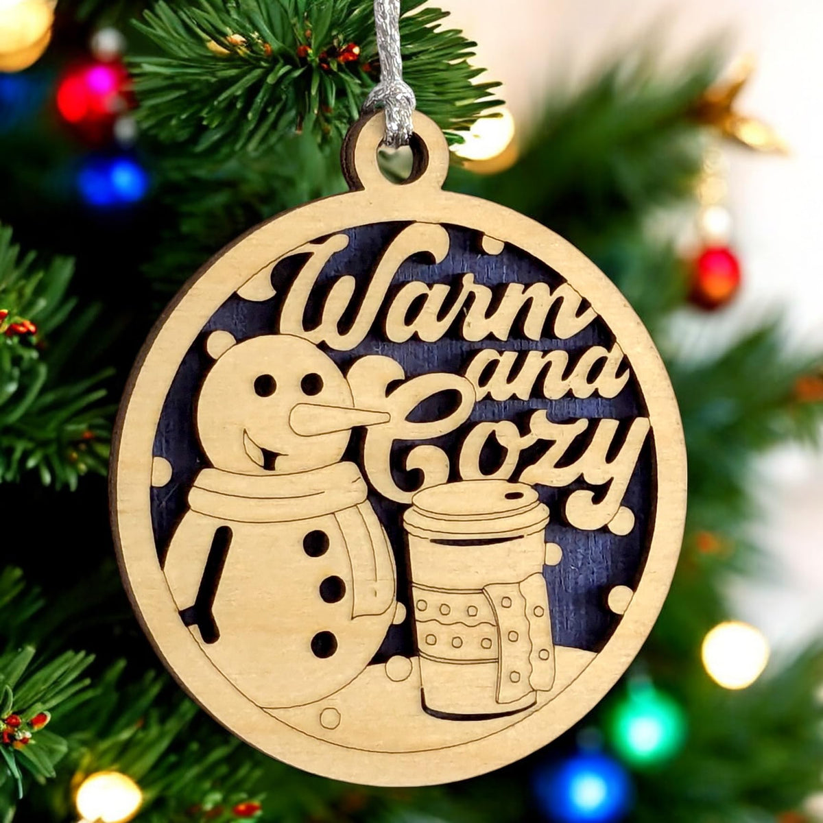 Warm and Cozy Snowman Ornament, 3in Round Wood, 2-Layer
