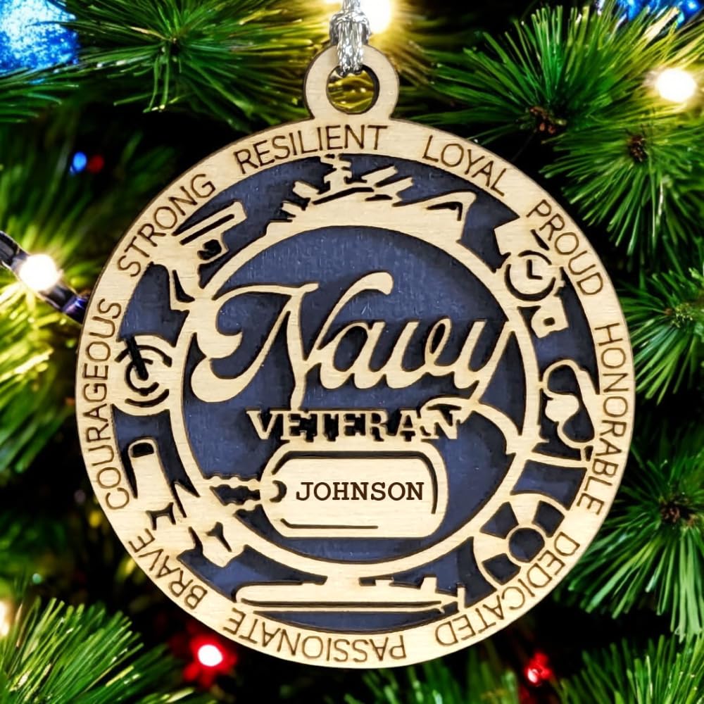 3" Navy Veteran Ornament, Icons, Dog Tag, Custom Border