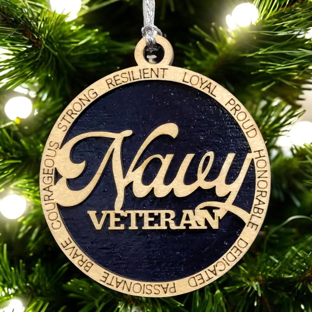 3" Navy Veteran Script Ornament, Solid Blue