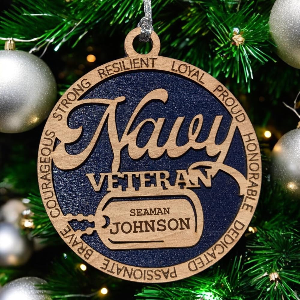 3" Navy Veteran Script Ornament, Dog Tag, Custom Border