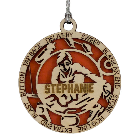 Personalized 3" Female Curling Ornament, Icon Border