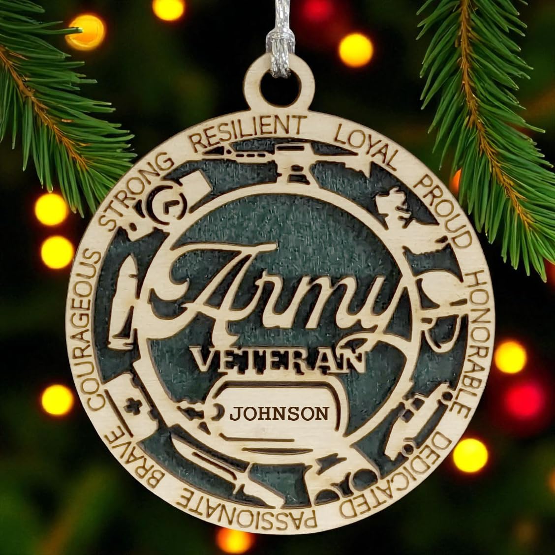 3" Army Veteran Script Ornament, Icons, Dog Tag, Custom Border