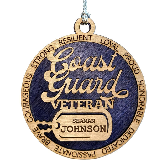 3" Coast Guard Veteran Script Ornament, Dog Tag, Custom Border