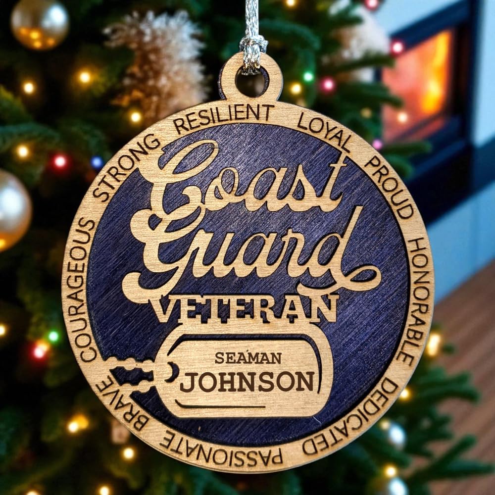 3" Coast Guard Veteran Script Ornament, Dog Tag, Custom Border