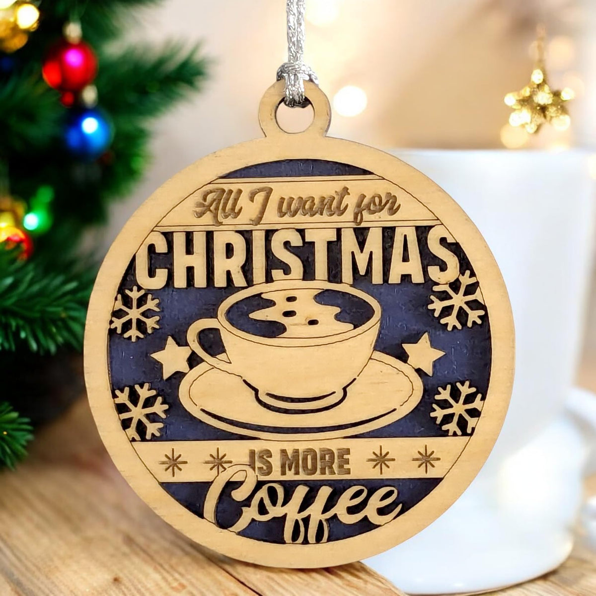 Humorous Coffee-Themed 3" Wooden Christmas Ornament