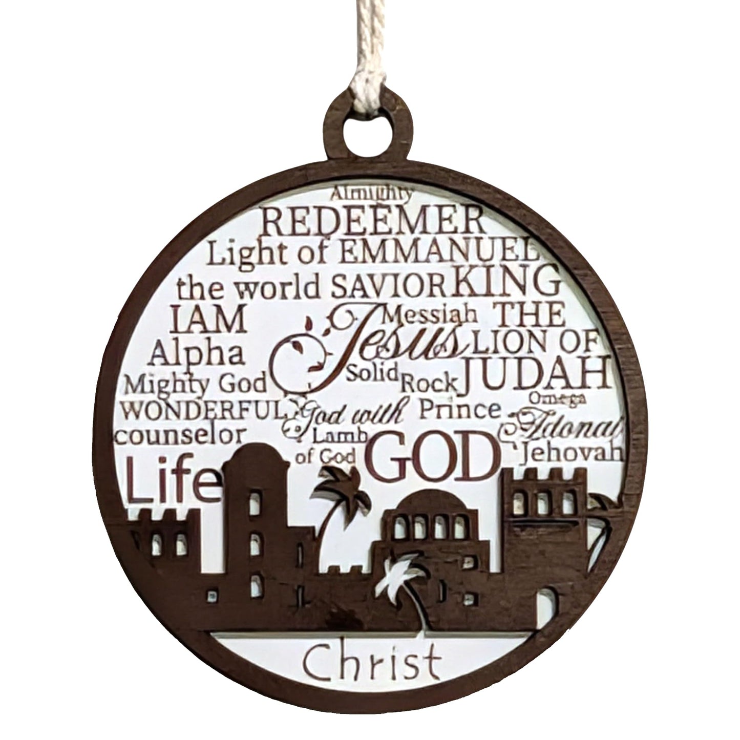 3" Names of Jesus Bethlehem Skyline Wood Ornament