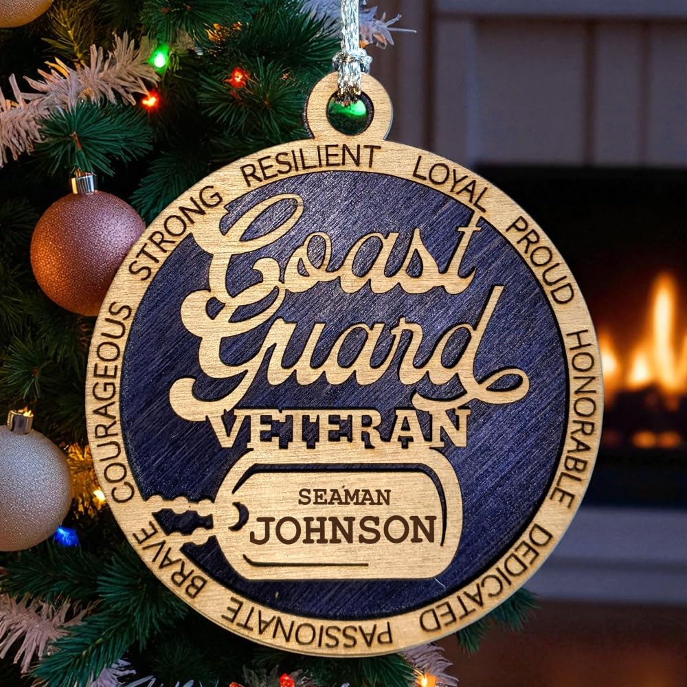 3" Coast Guard Veteran Script Ornament, Dog Tag, Custom Border