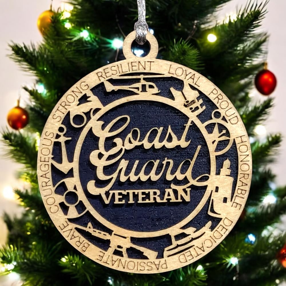 3" Coast Guard Veteran Script Ornament, Icons, Solid Blue