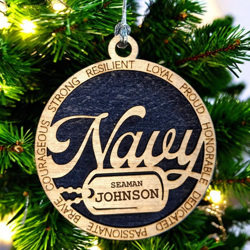 3" Navy Script Ornament, Dog Tag, Custom Border