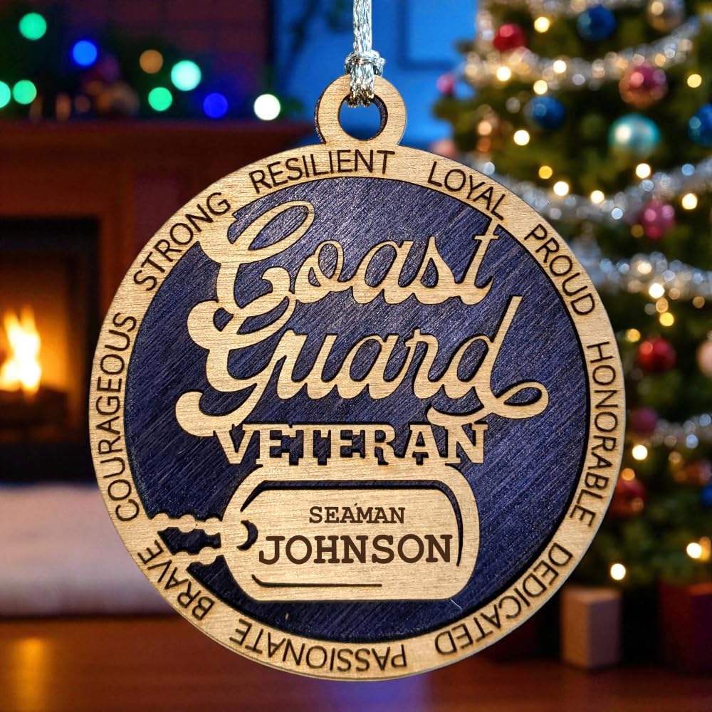 3" Coast Guard Veteran Script Ornament, Dog Tag, Custom Border