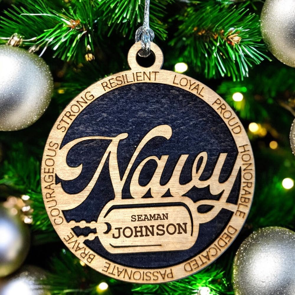 3" Navy Script Ornament, Dog Tag, Custom Border
