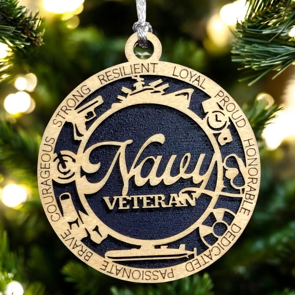 3" Navy Veteran Script Ornament, Icons, Solid Blue