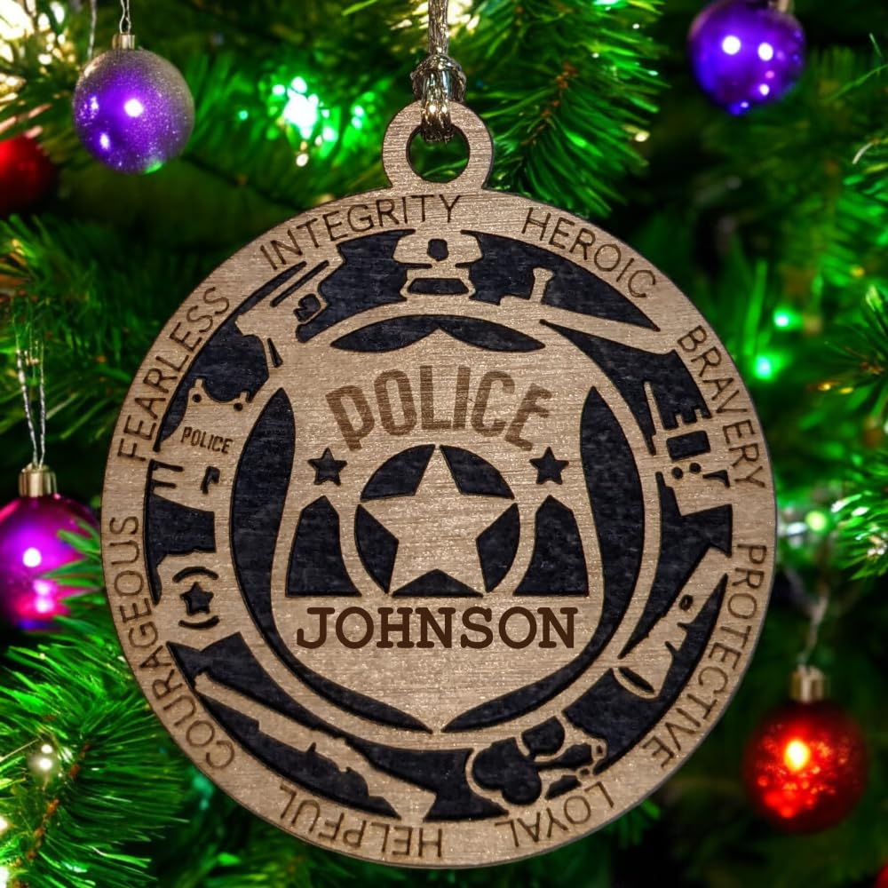 Personalized 3" Police Wood Christmas Ornament - Solid Backing