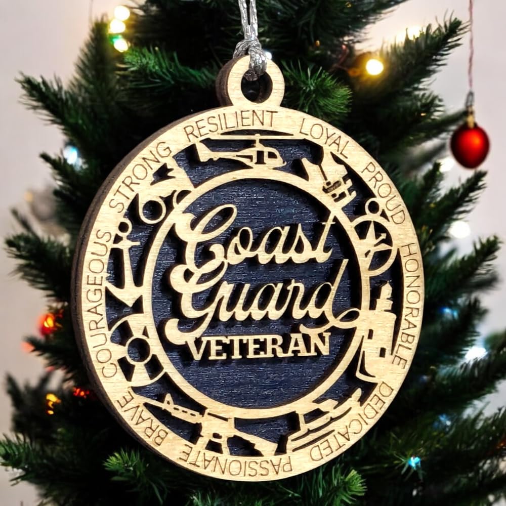 3" Coast Guard Veteran Script Ornament, Icons, Solid Blue